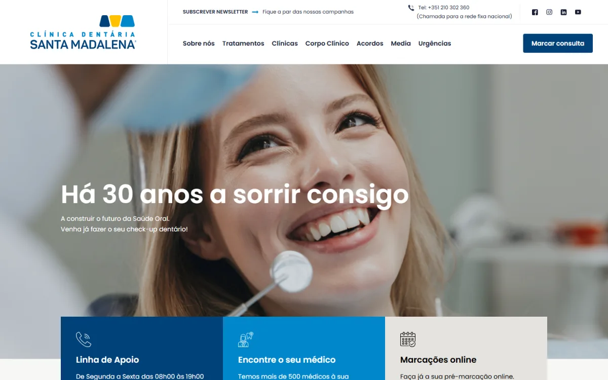 Página inicial do site Clínica Dentária Santa Madalena